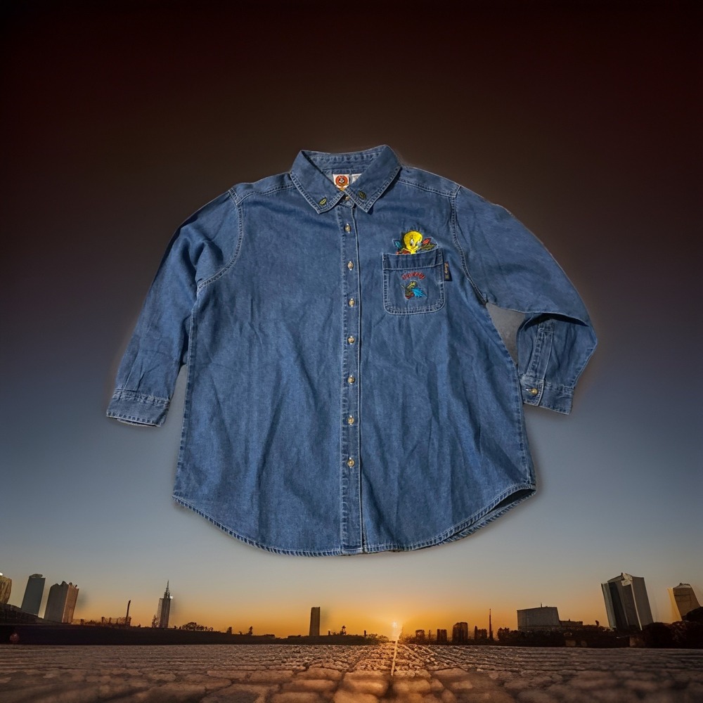 Looney Tunes Shirt Womens 14W 16W Denim Long Sleeve TWEETY Bird Jean‎